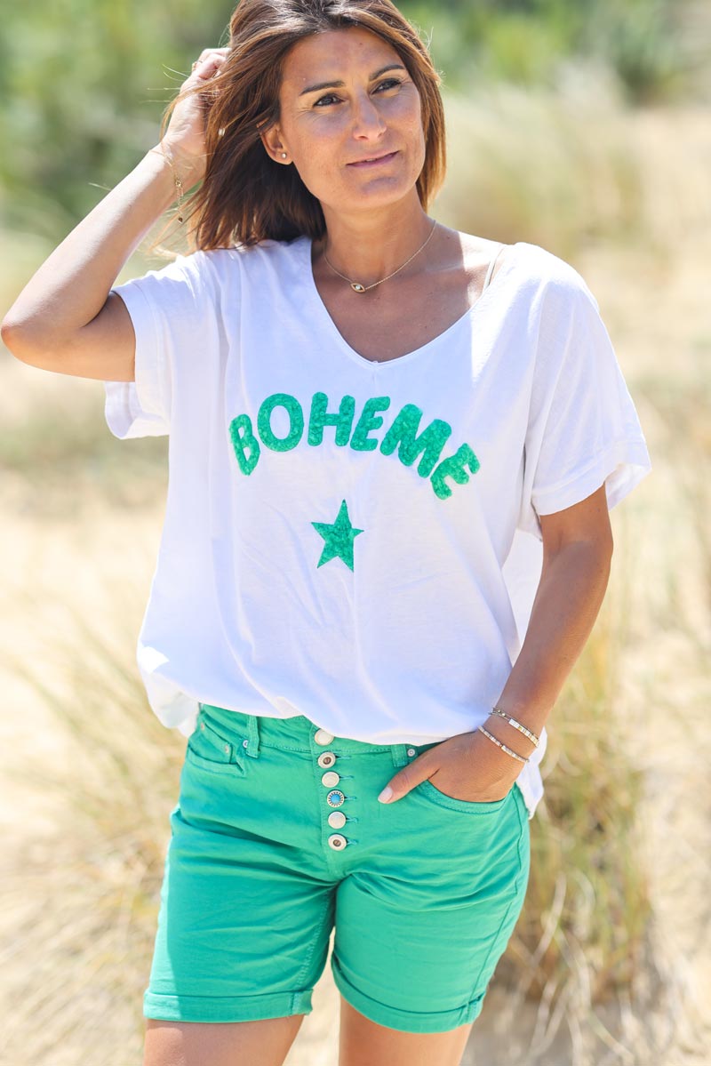 Tshirt blanc loose Boheme bouclettes vert g201 (1)
