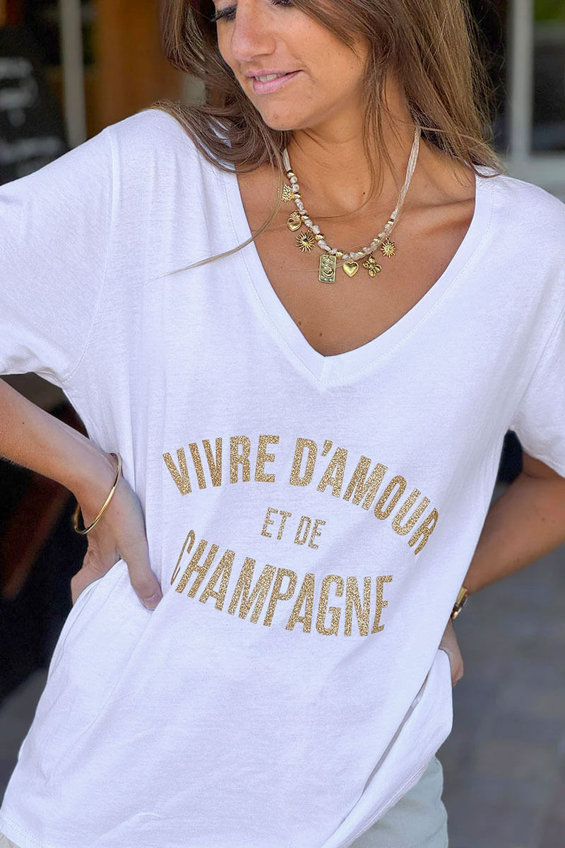 T-shirt blanc col V manches courtes vivre d'amour et de champagne en doré
