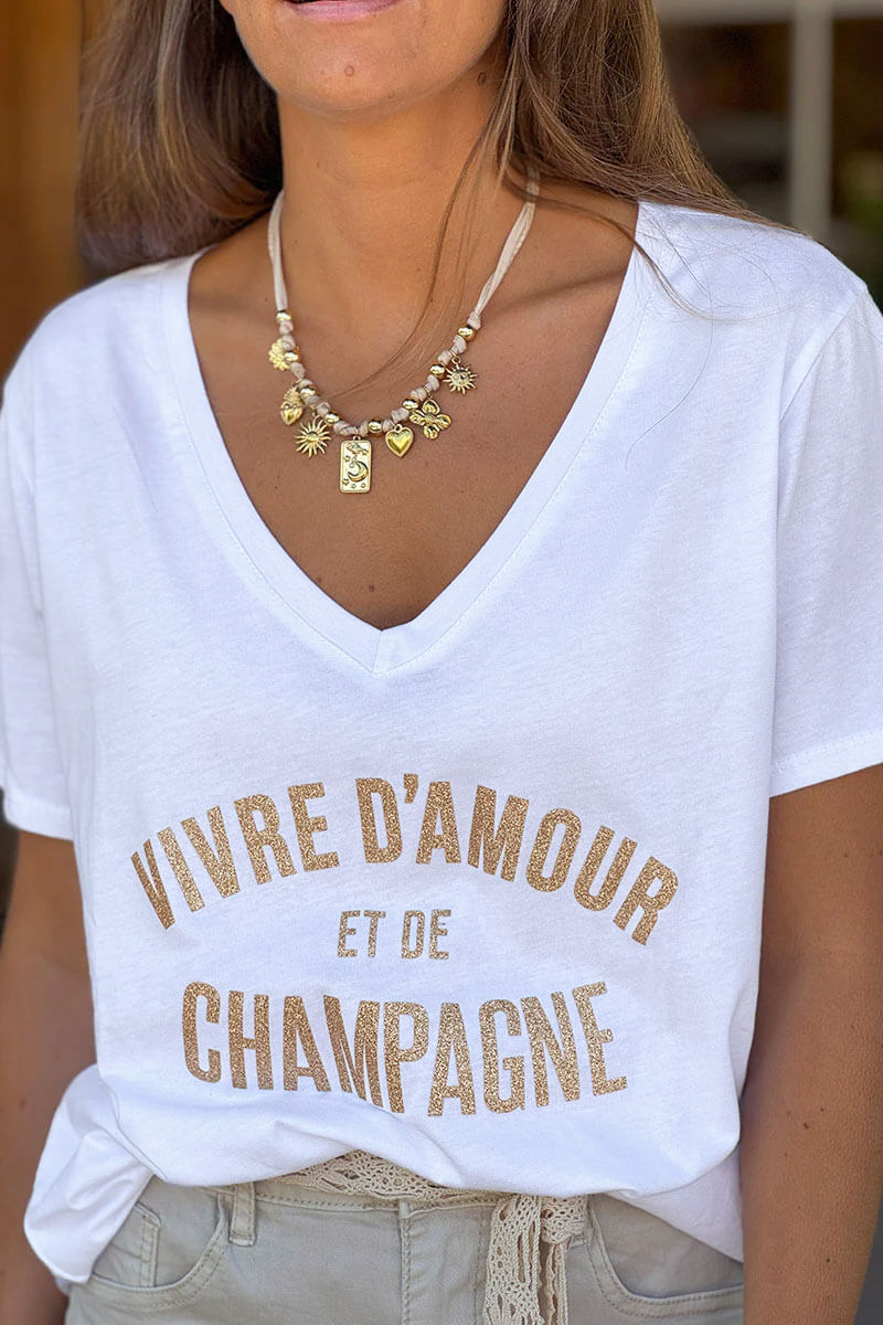 White “Vivre D’Amour et de Champagne” V-Neck Tee