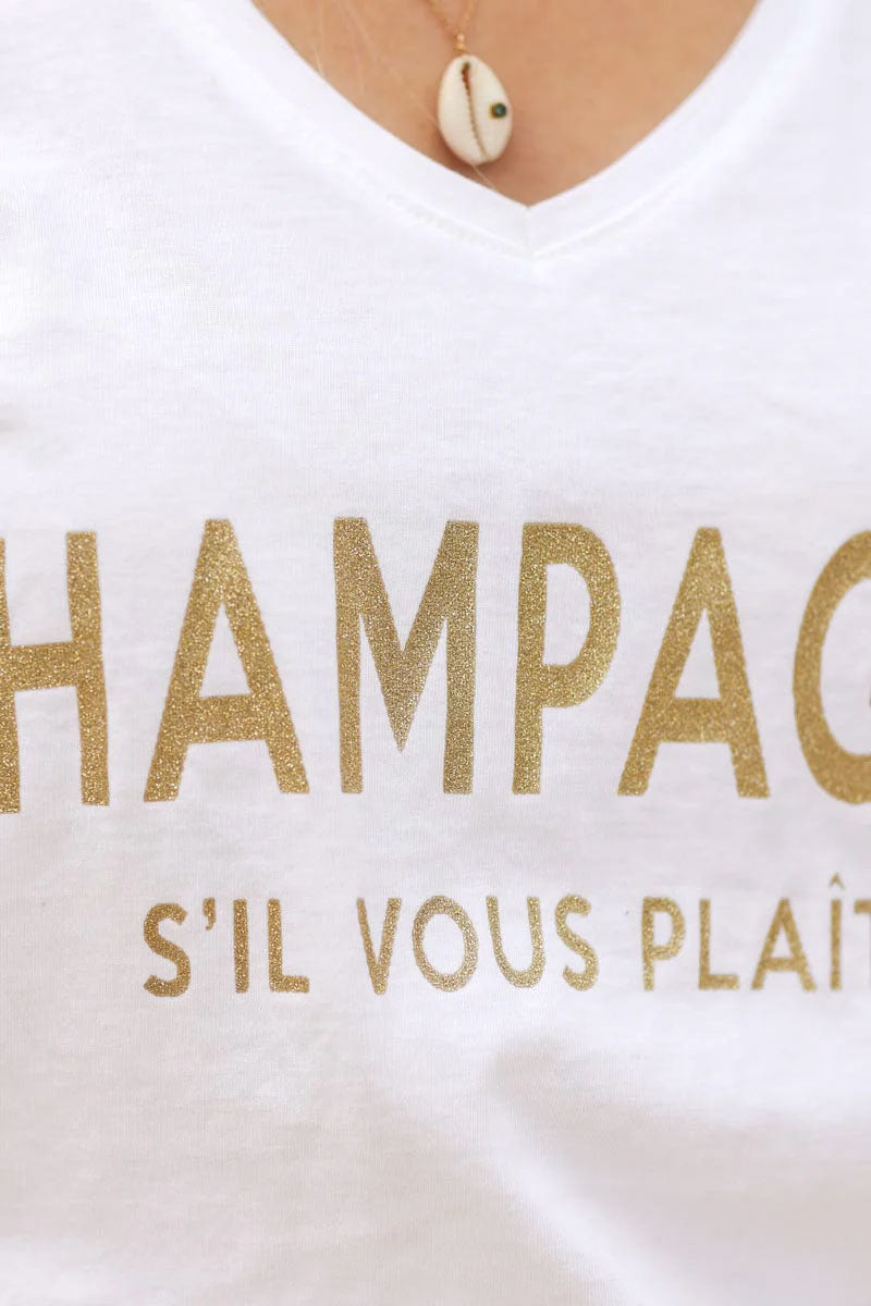 T-shirt blanc col V message champagne s'il vous plait