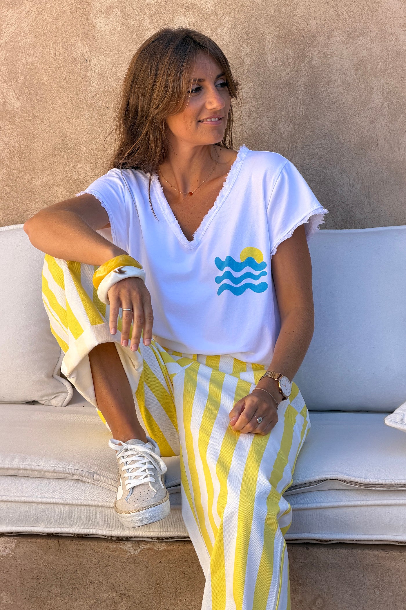 Tshirt blanc stretch et large vague et Cote d'Azur détail franges