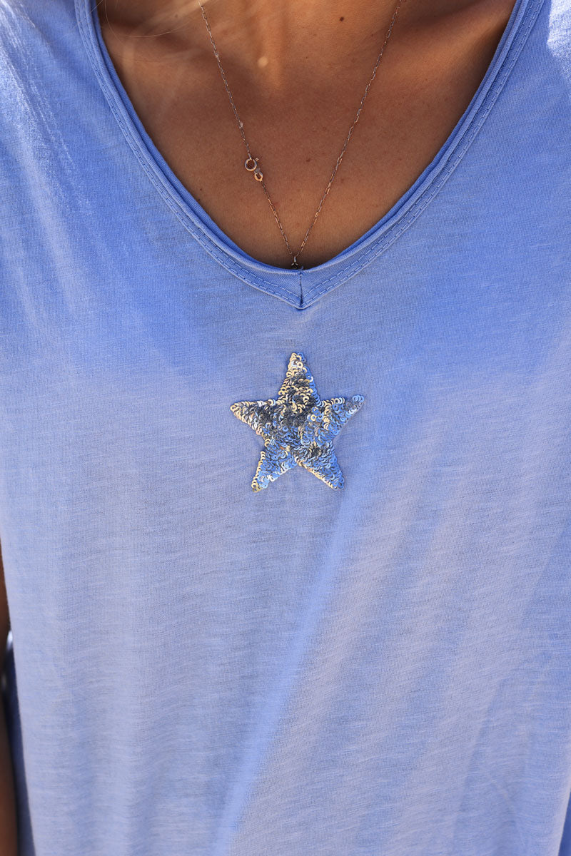 Sky blue cotton T-shirt with sequin star