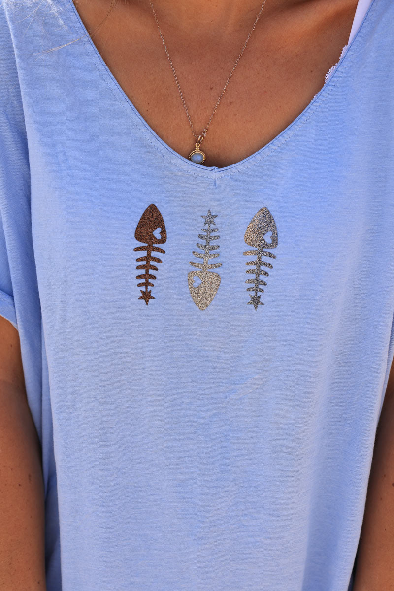 T-shirt bleu ciel en coton trio poissons paillettes brillant