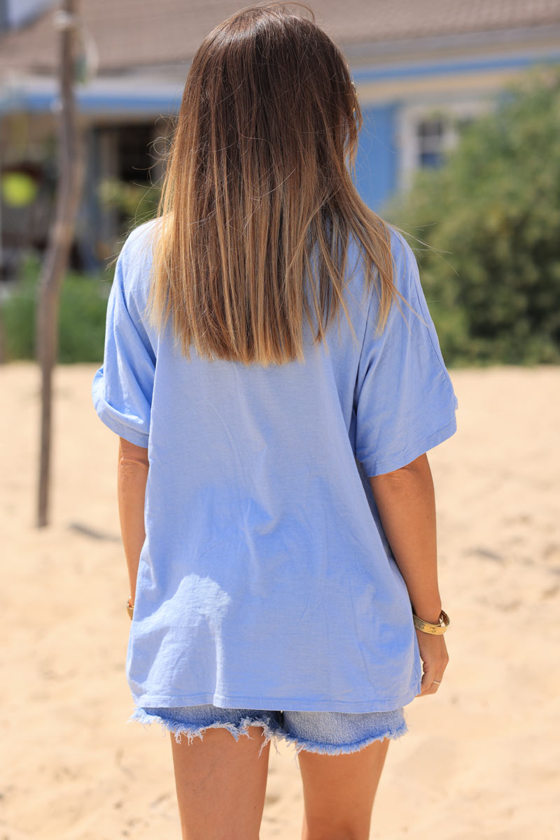 T-shirt bleu ciel en coton trio poissons paillettes brillant