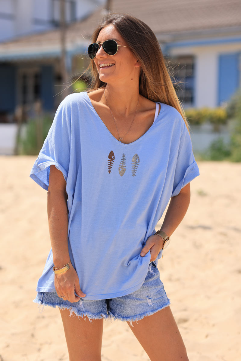 T-shirt bleu ciel en coton trio poissons paillettes brillant