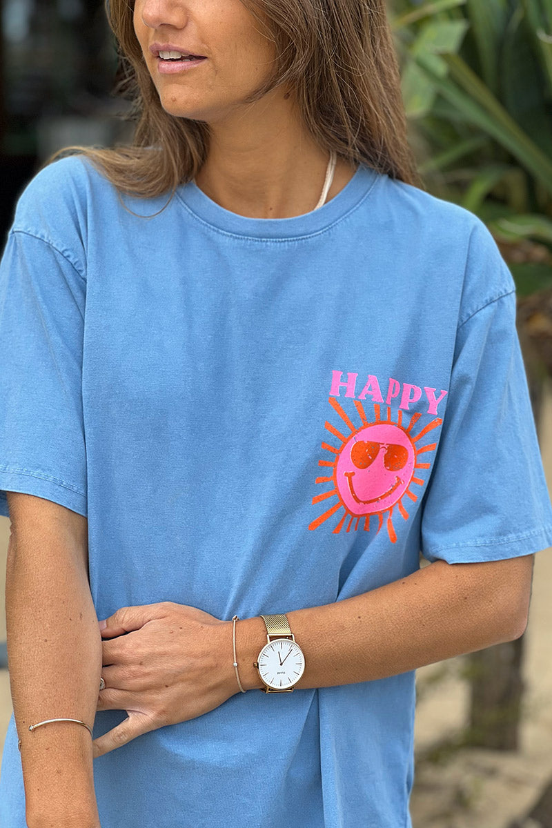 Tshirt bleu jean délavé en coton imprimé Smiley Soleil Happy au dos