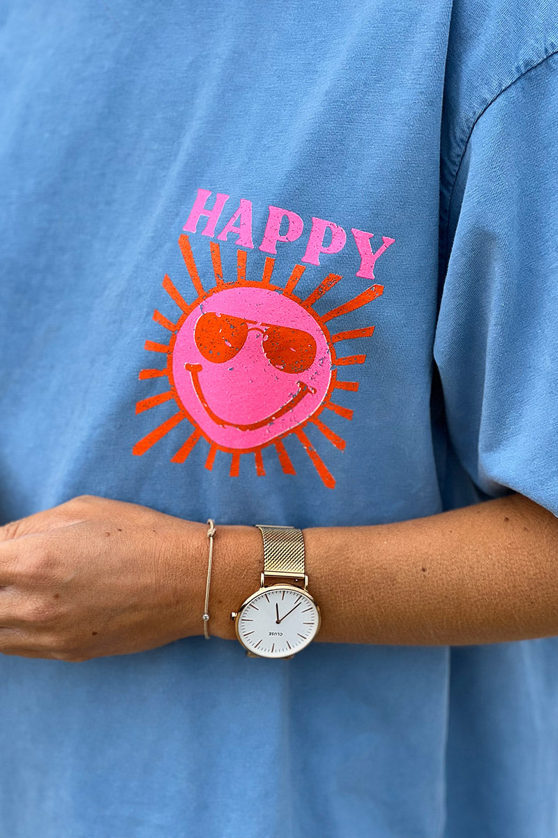 Tshirt bleu jean délavé en coton imprimé Smiley Soleil Happy au dos