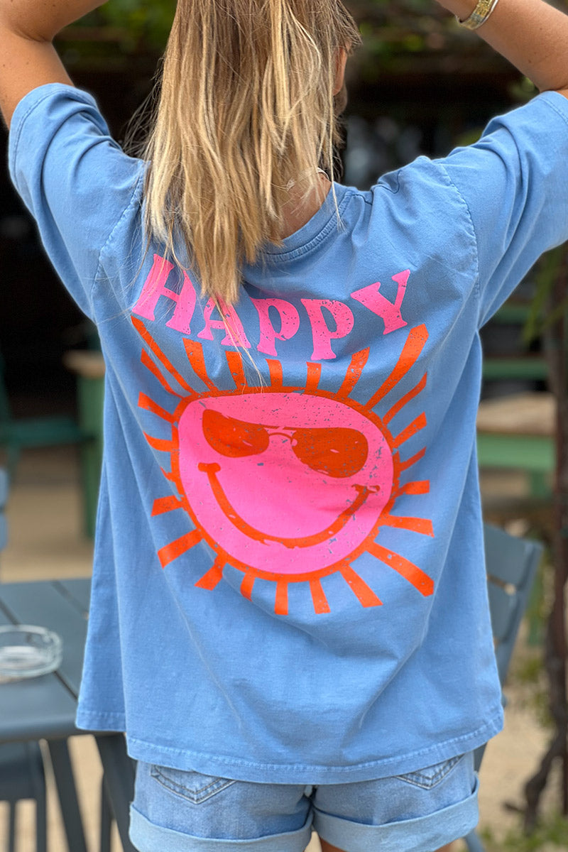 Tshirt bleu jean délavé en coton imprimé Smiley Soleil Happy au dos