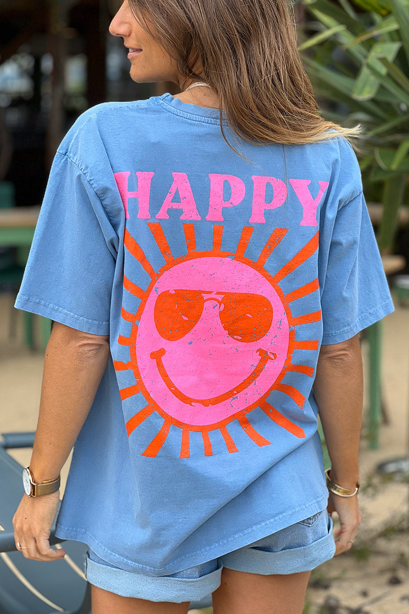 Tshirt bleu jean délavé en coton imprimé Smiley Soleil Happy au dos