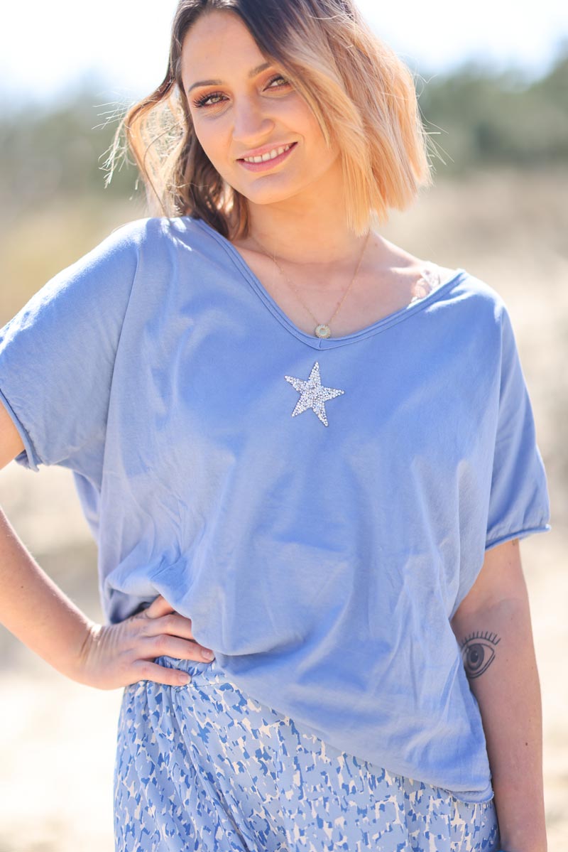 Tshirt bleu jean en coton manches chauve souris etoile strass g108 (1)