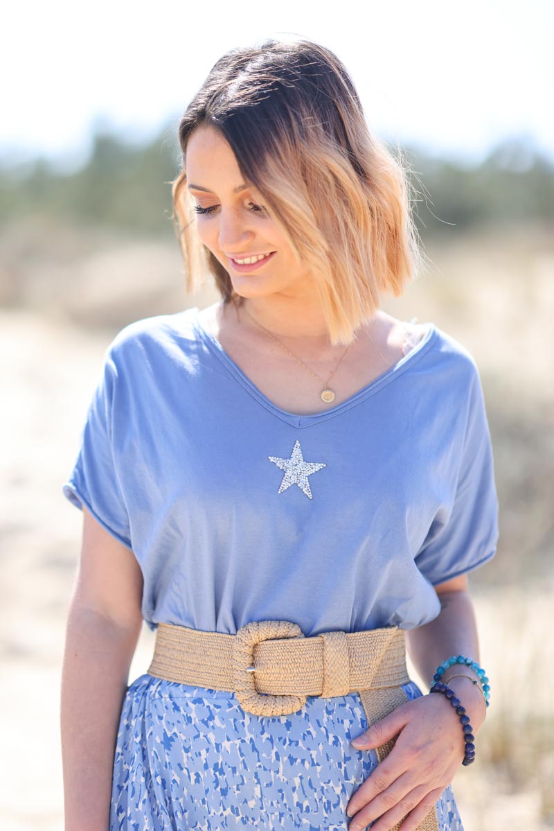 Tshirt bleu jean en coton manches chauve souris etoile strass g108 (1)