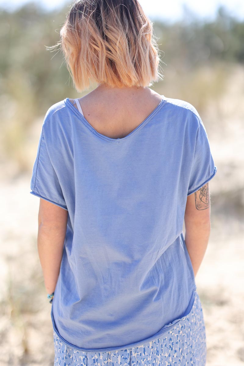 Tshirt bleu jean en coton manches chauve souris etoile strass g108 (1)