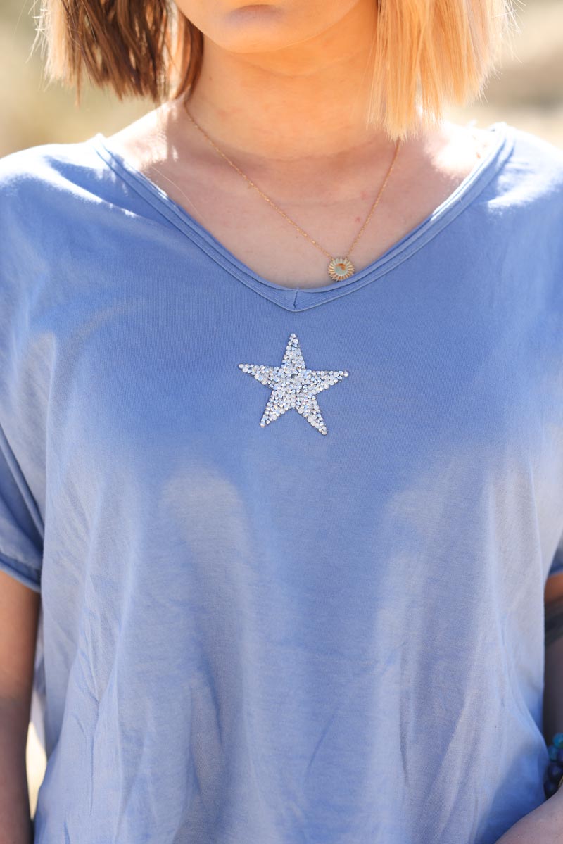 Tshirt bleu jean en coton manches chauve souris etoile strass g108 (1)