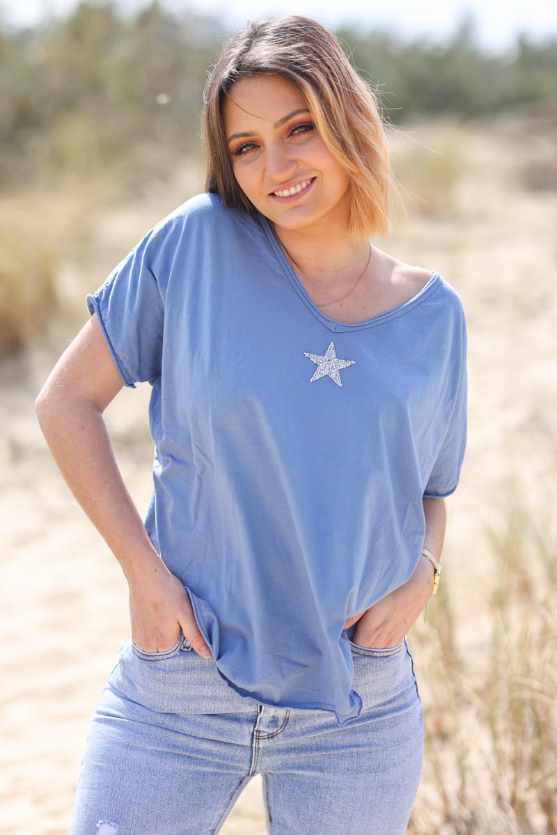Tshirt bleu jean en coton manches chauve souris etoile strass g108 (1)