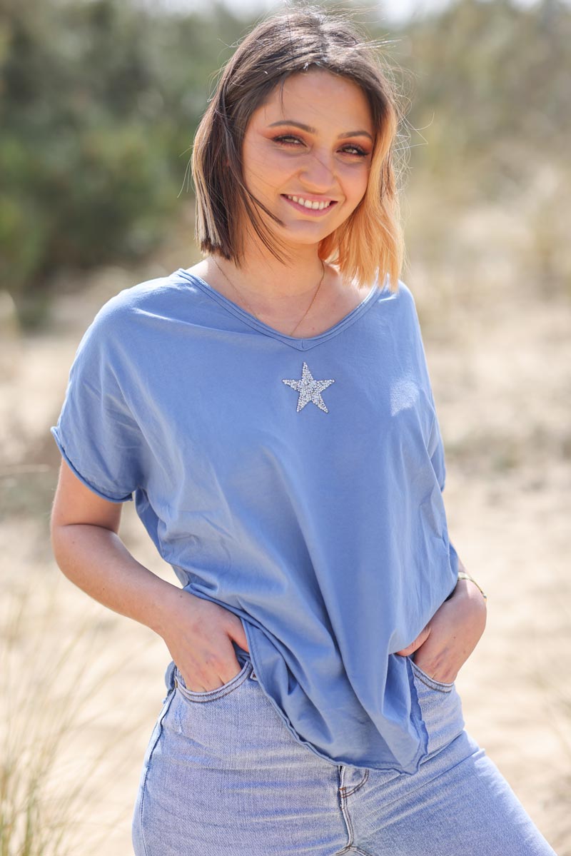 Tshirt bleu jean en coton manches chauve souris etoile strass g108 (1)
