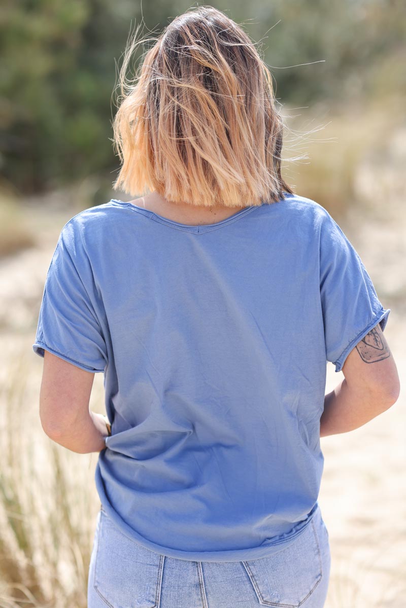 Tshirt bleu jean en coton manches chauve souris etoile strass g108 (1)