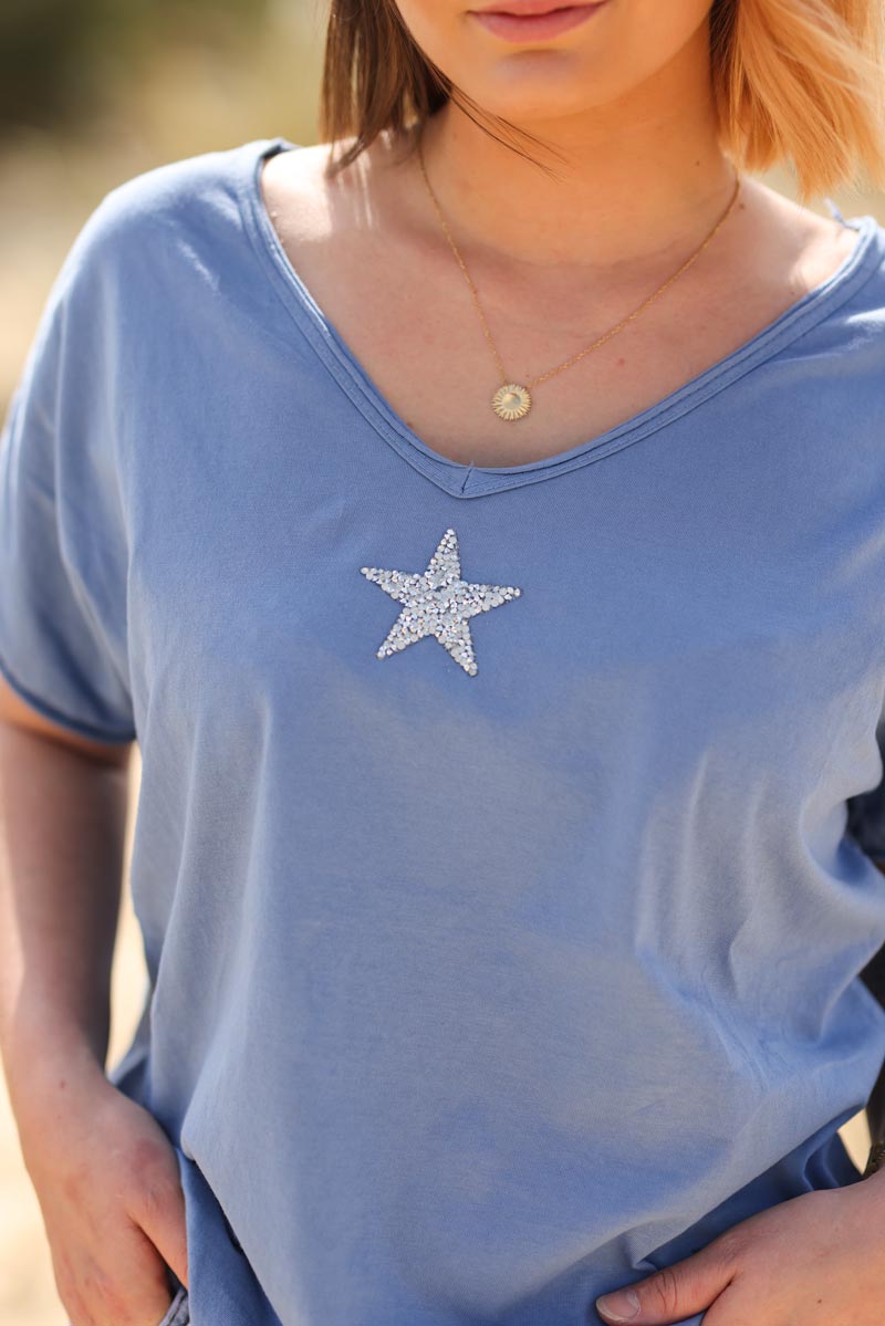 Tshirt bleu jean en coton manches chauve souris etoile strass g108 (1)