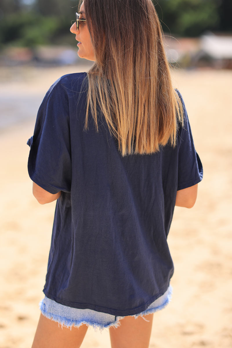 Navy blue cotton v-neck t-shirt with glitter fish design