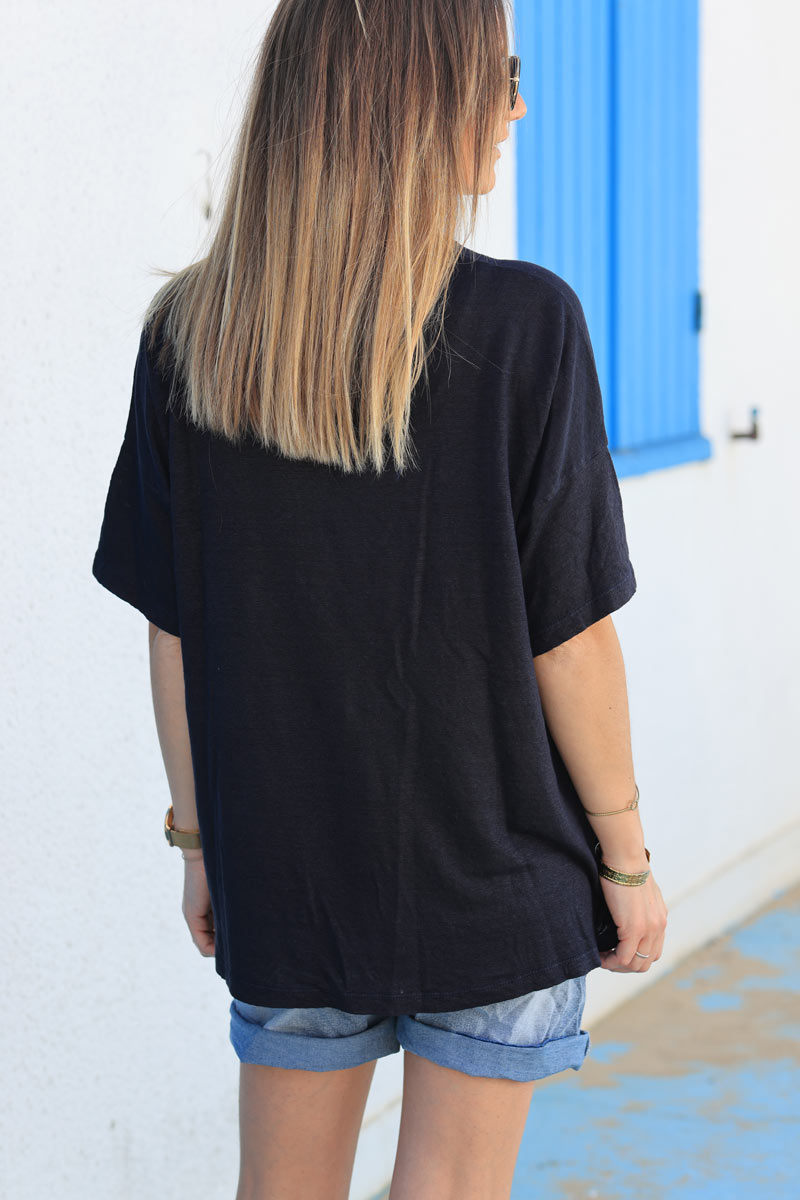 Navy blue relaxed fit v-neck linen t-shirt