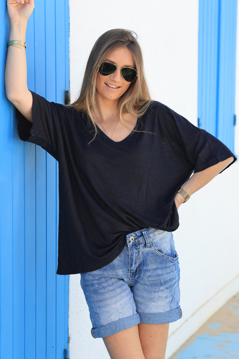 Navy blue relaxed fit v-neck linen t-shirt