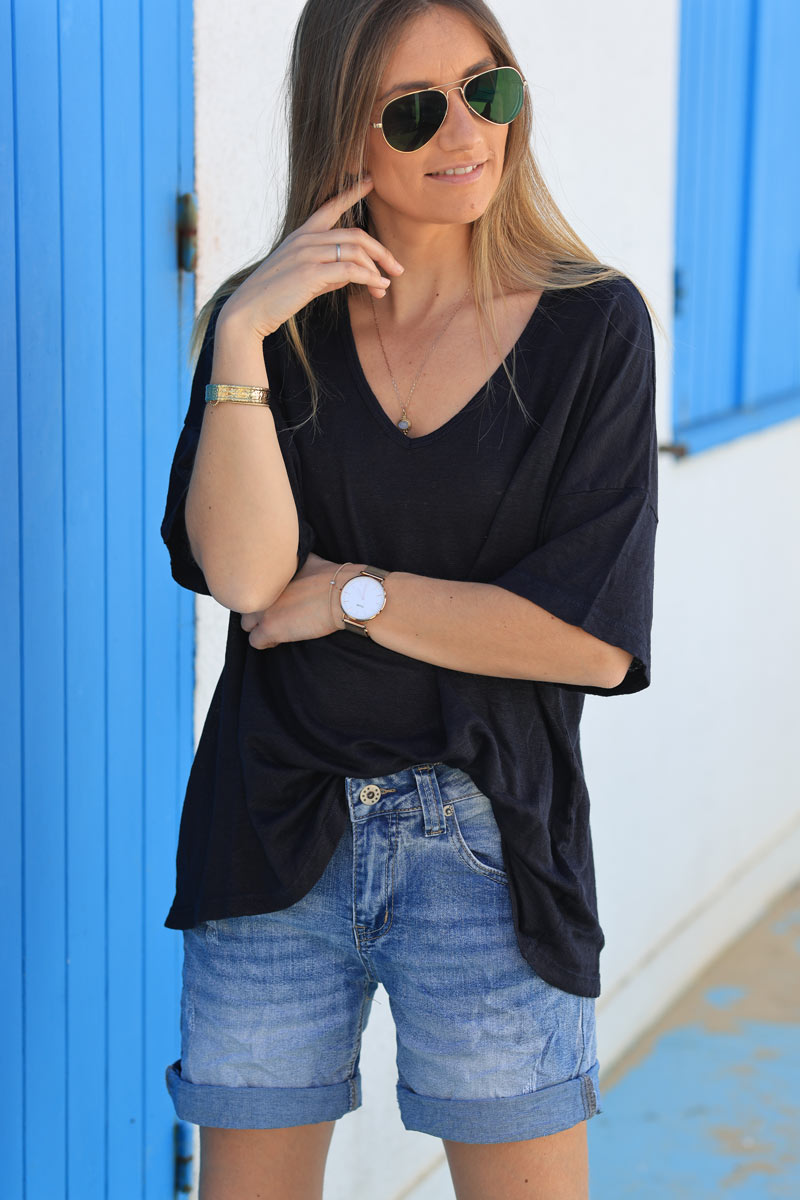 Navy blue relaxed fit v-neck linen t-shirt