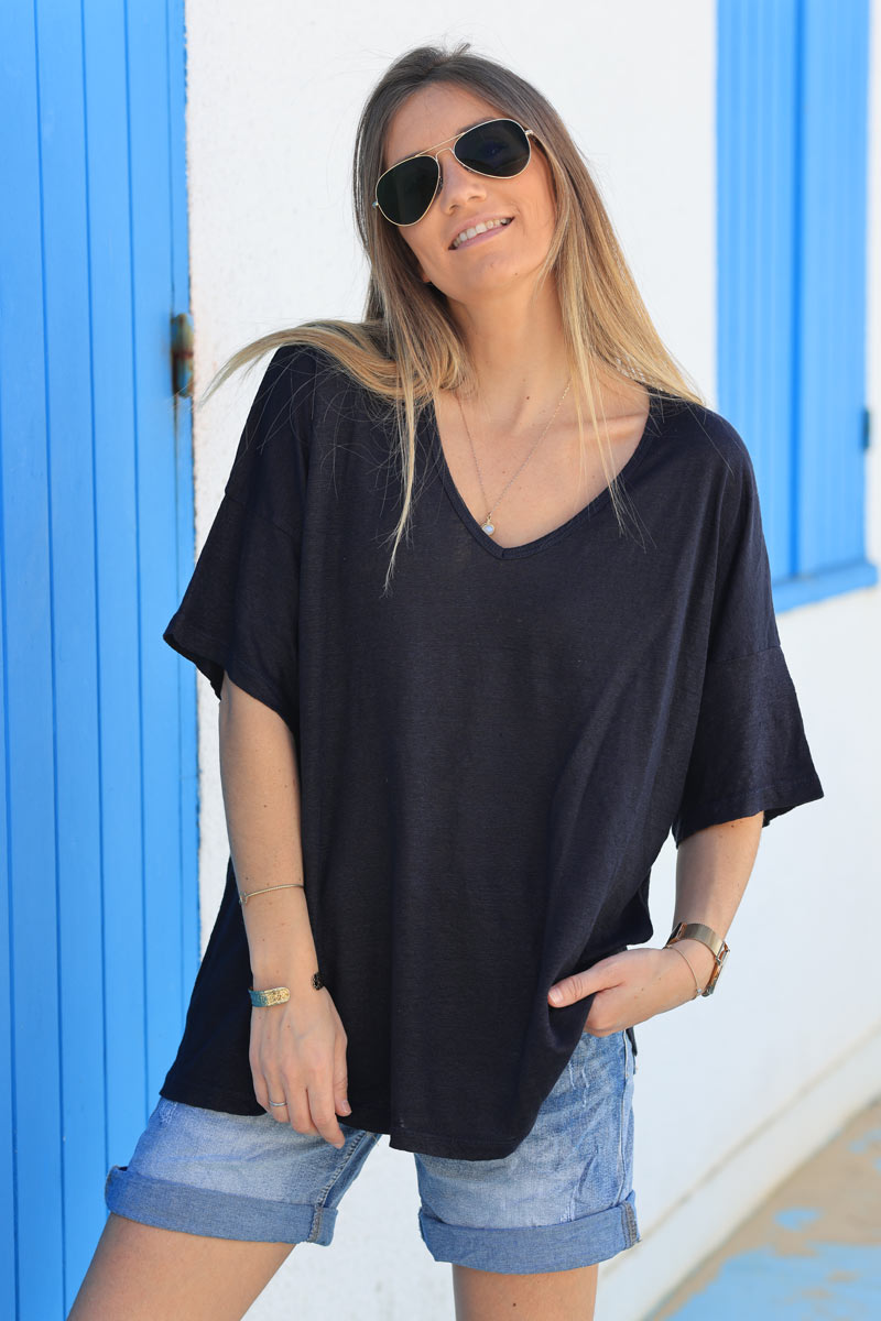 Navy blue relaxed fit v-neck linen t-shirt