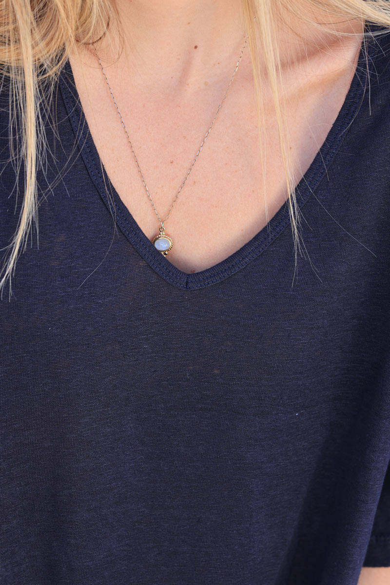 Navy blue relaxed fit v-neck linen t-shirt