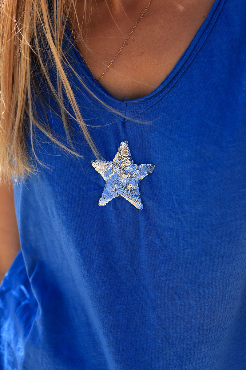 Camiseta azul real de algodón con estrellas y lentejuelas