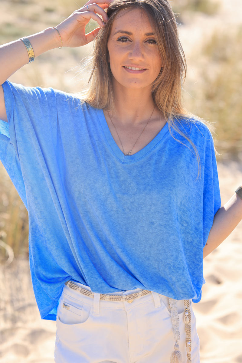 Tshirt bleu roi délavé souple large et loose manches courtes chauve souris