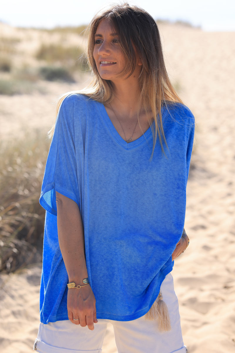 Tshirt bleu roi délavé souple large et loose manches courtes chauve souris