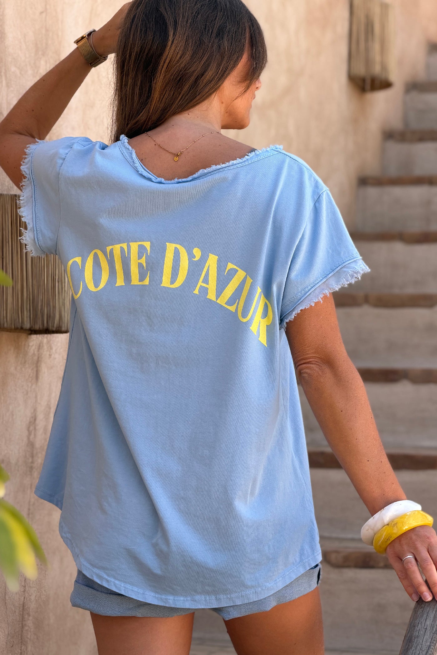 Tshirt bleu stretch et large vague et Cote d'Azur détail franges