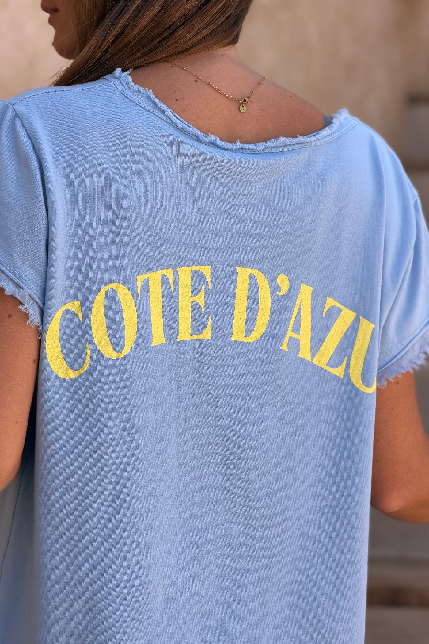 Tshirt bleu stretch et large vague et Cote d'Azur détail franges