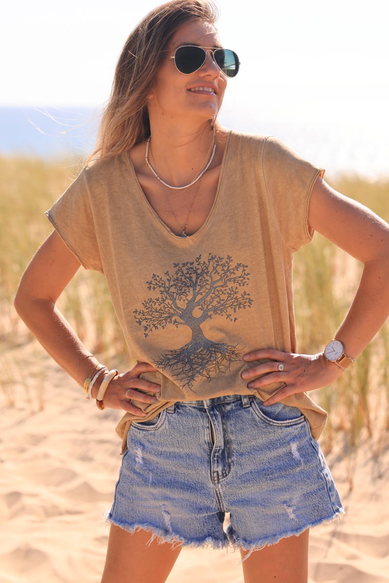 Tshirt camel coton col v arbre de vie brillant