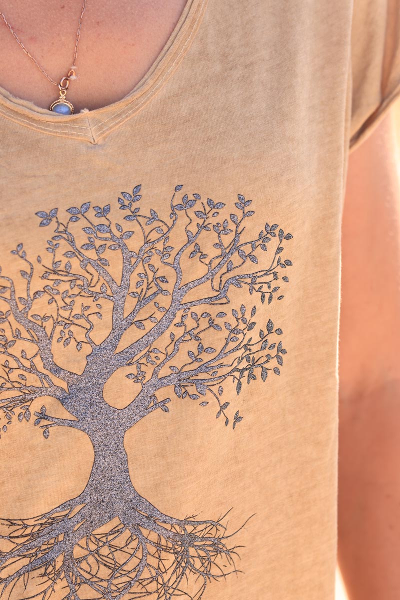 Tshirt camel coton col v arbre de vie brillant
