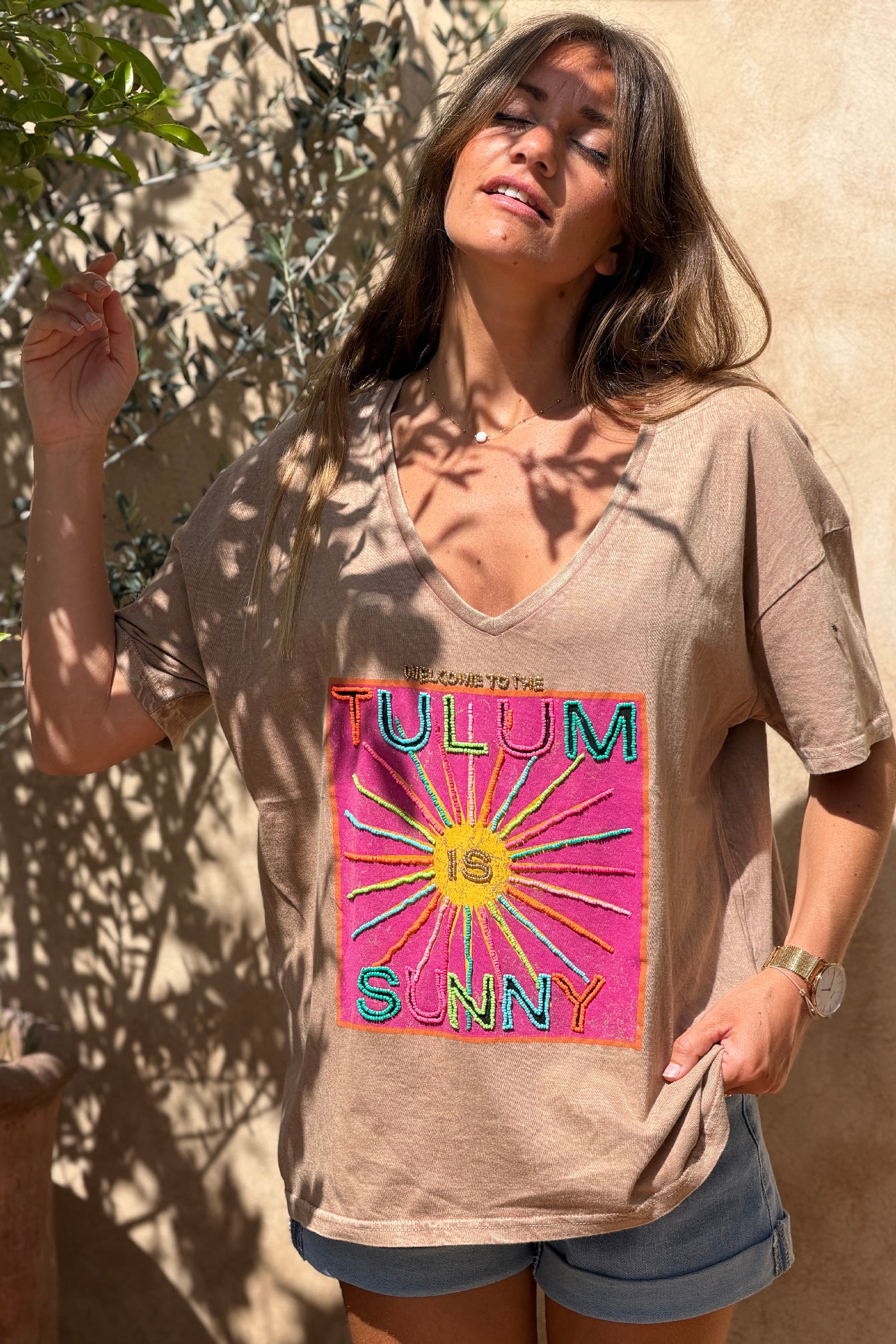 Taupe Burnout Beaded Tulum T-Shirt