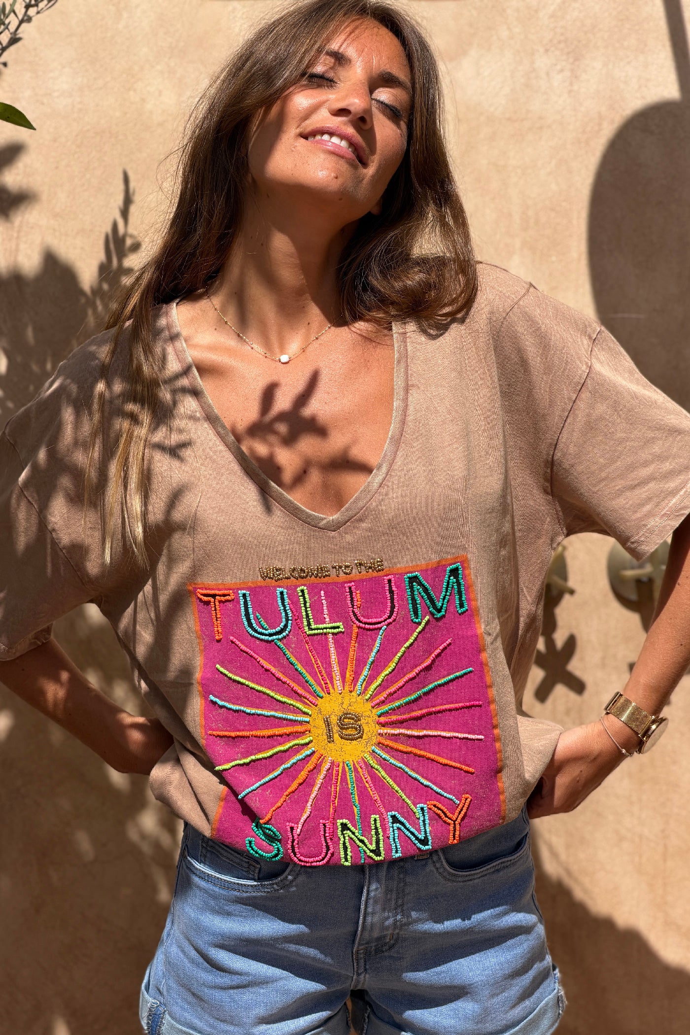 Taupe Burnout Beaded Tulum T-Shirt