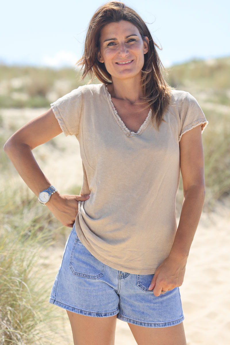 Tshirt coton stretch camel délavé finitions petites franges