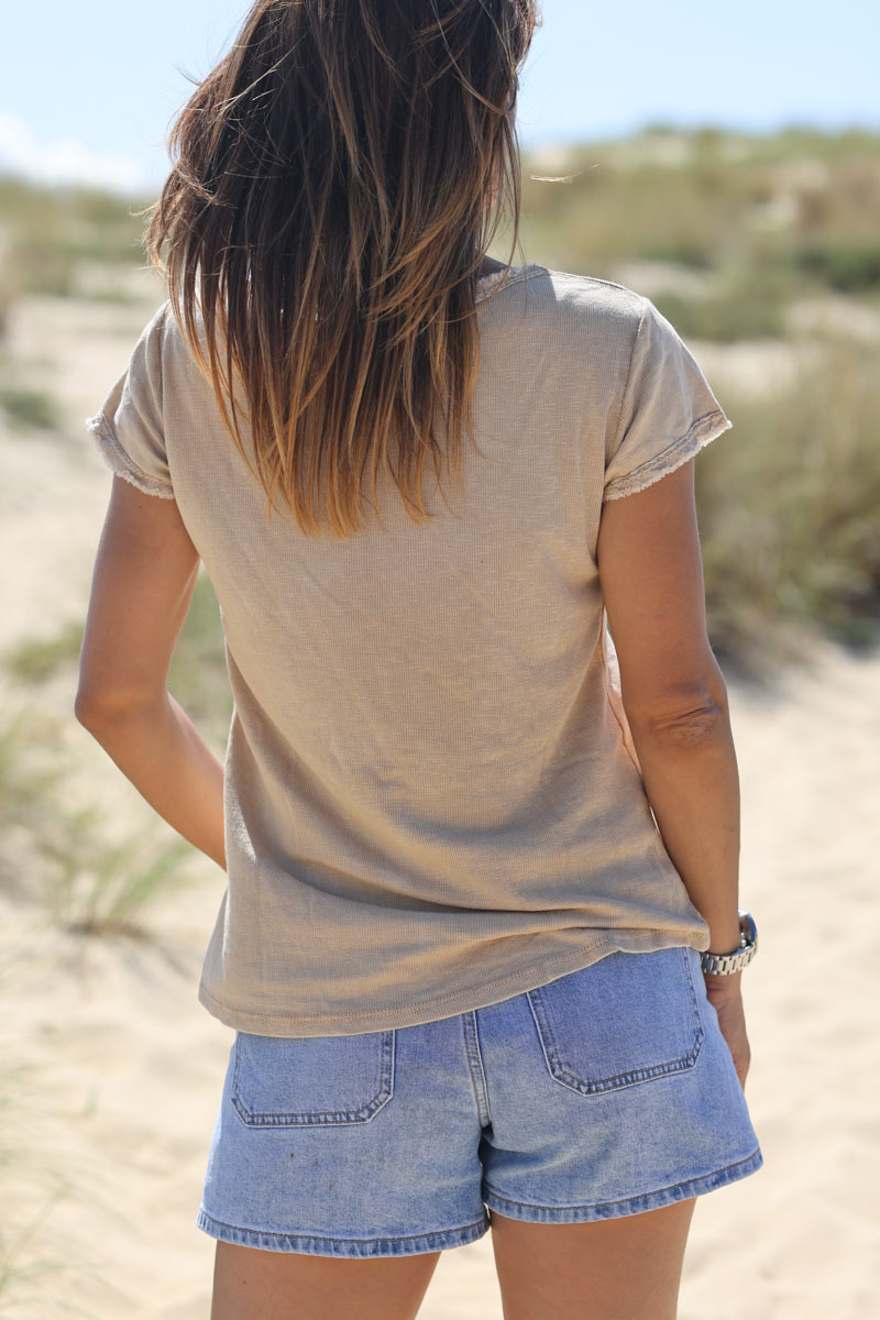 Tshirt coton stretch camel délavé finitions petites franges