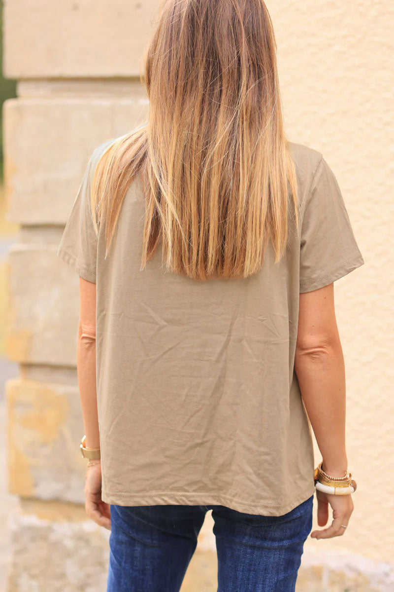 Tshirt camel en coton broderie fleurs et smile bouclettes colorées