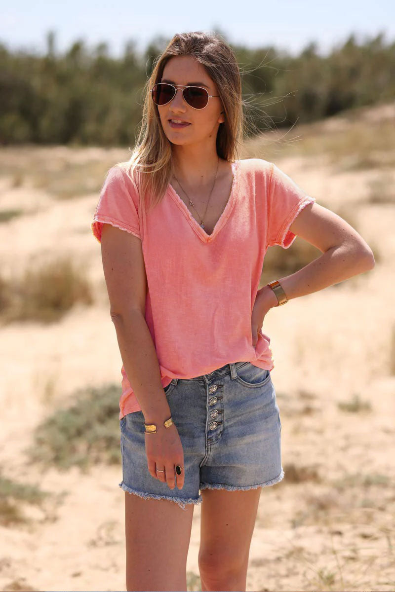 Tshirt coton stretch corail finitions petites franges