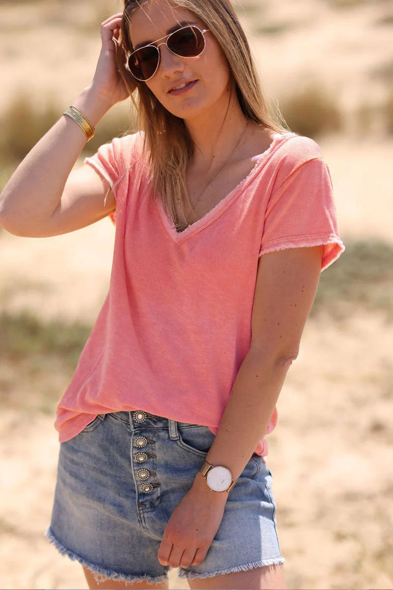 Tshirt coton stretch corail finitions petites franges