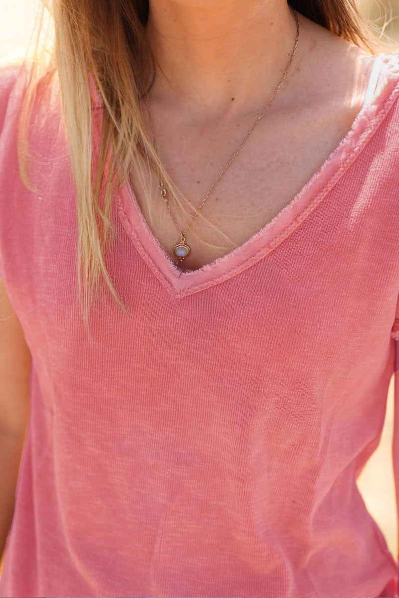 Tshirt coton stretch corail finitions petites franges