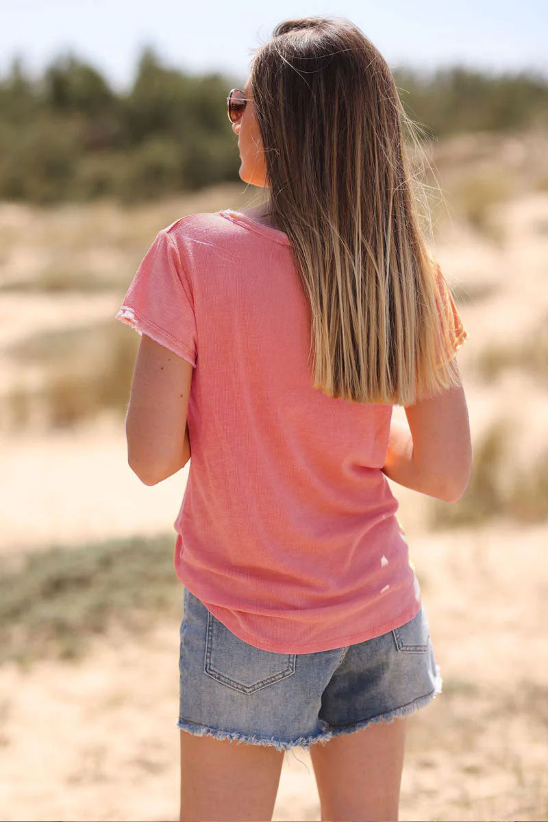 Tshirt coton stretch corail finitions petites franges