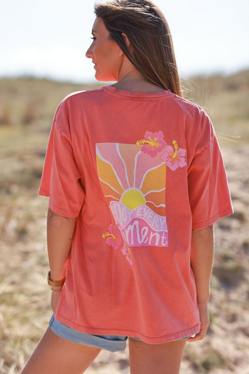 Tshirt corail délavé en coton Enjoy every moments hibiscus