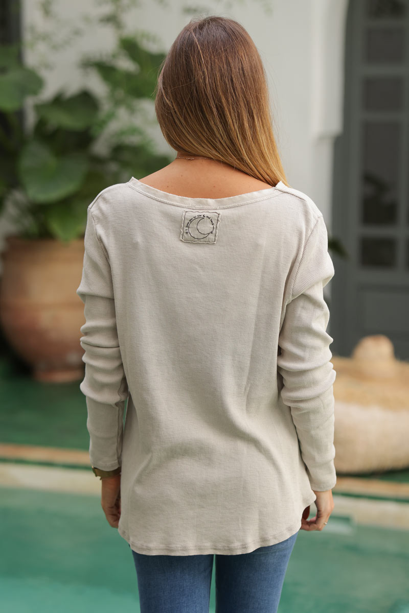 T-shirt côtelé beige stretch à manches longues ILY to the moon and back