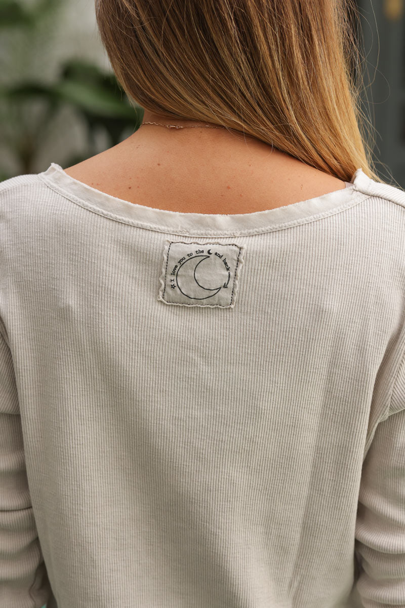 T-shirt côtelé beige stretch à manches longues ILY to the moon and back