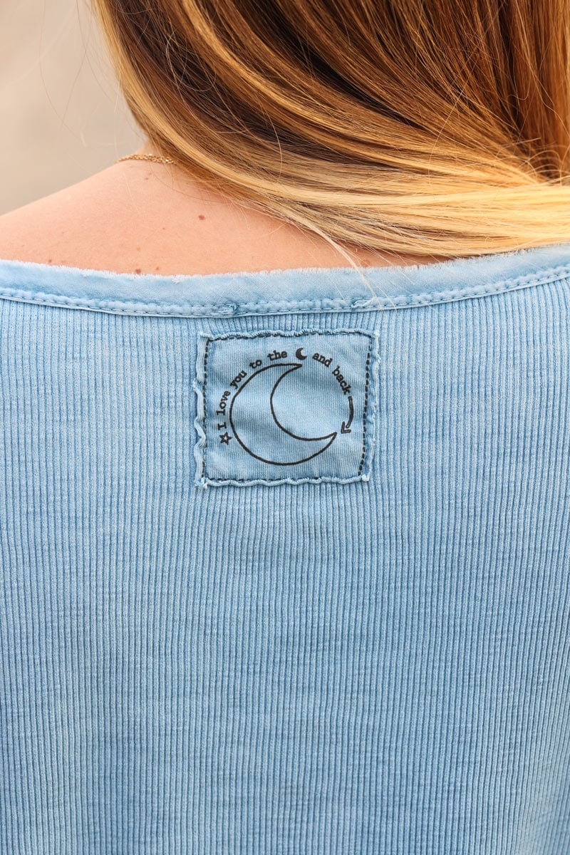 Tshirt cotele bleu stretch a manches longues ILY to the moon and back H246 (1)