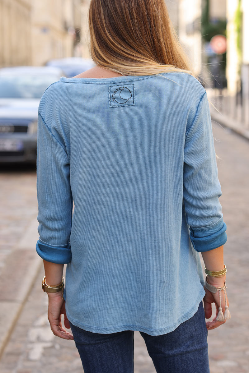 Tshirt cotele bleu stretch a manches longues ILY to the moon and back H246 (1)