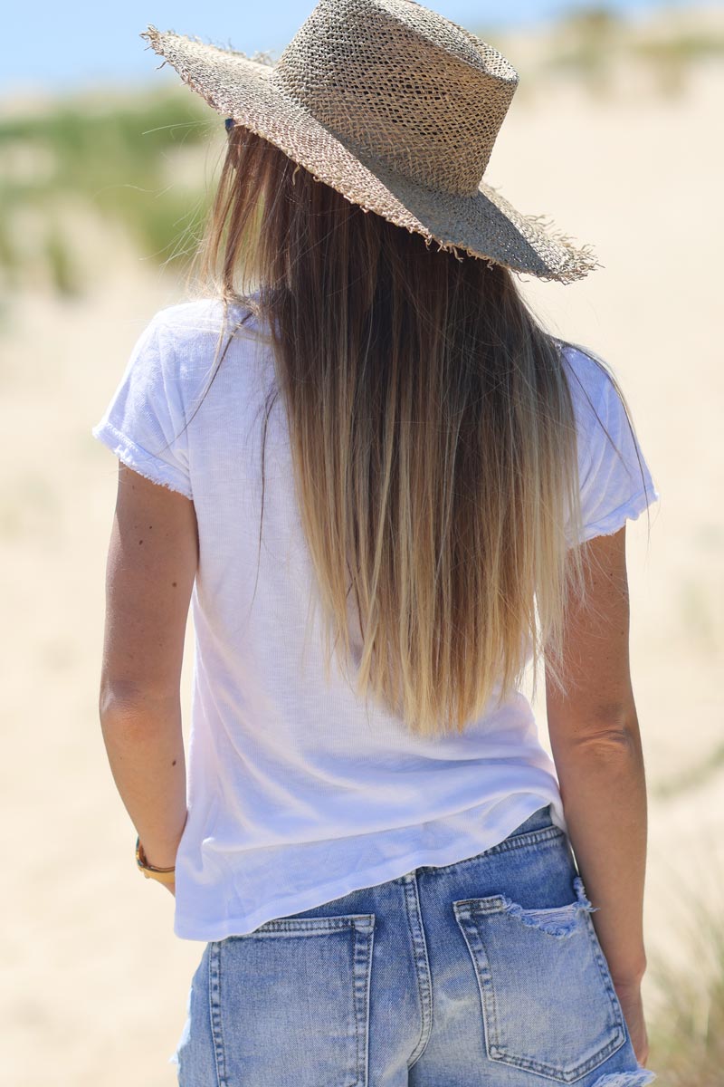 Tshirt coton stretch blanc finitions petites franges E206 (1)