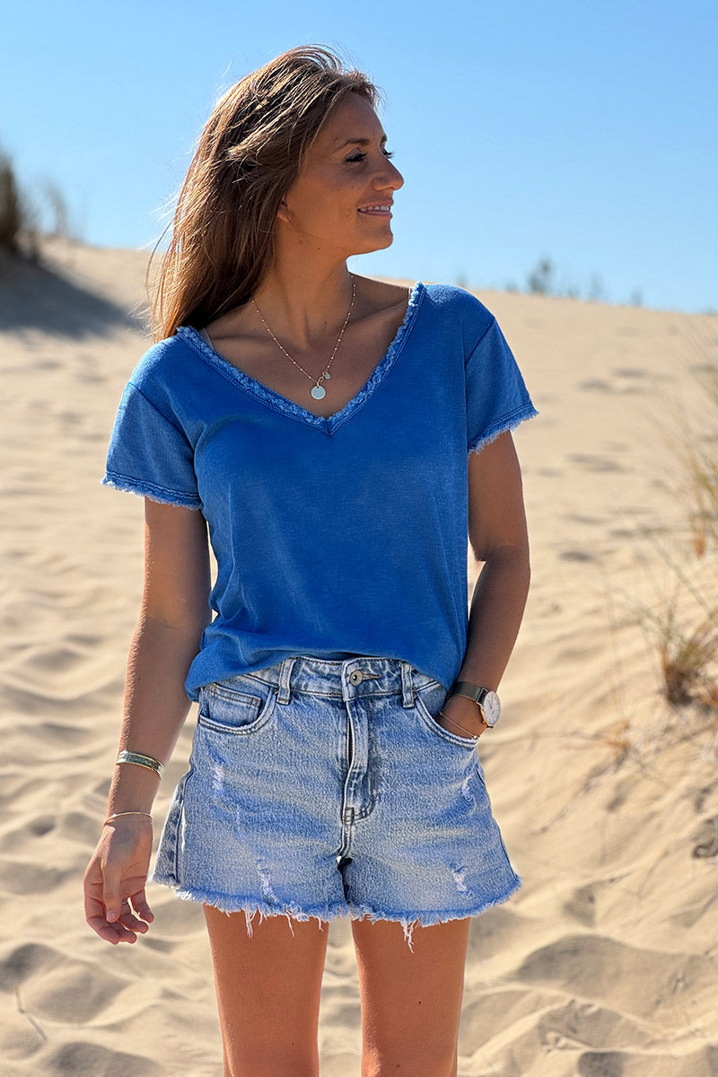Tshirt coton stretch bleu roi délavé finitions petites franges